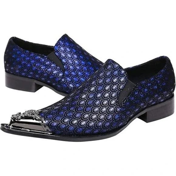 Santimon Men's US 9.5 Black/Blue Leather Metal Tip Western Loafers Dress Shoes